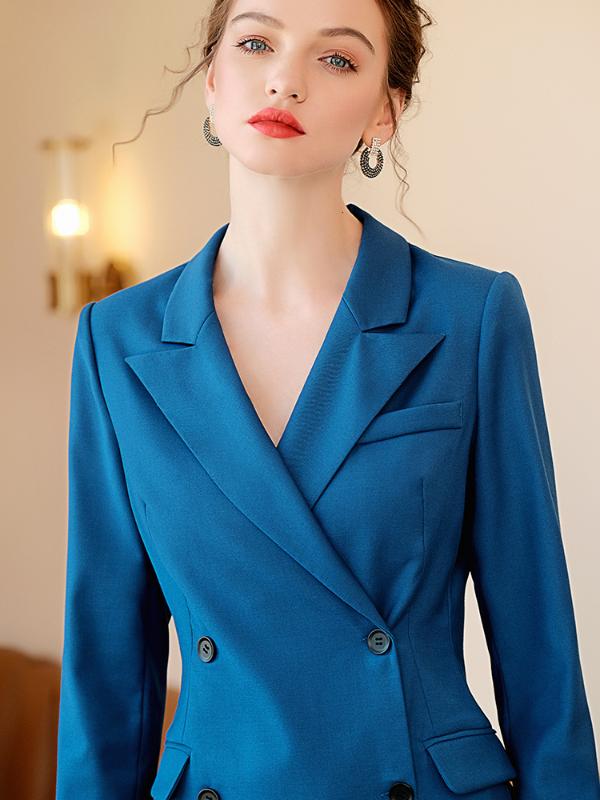 

Peacock Blue Dress Suit Women Style Business Formal Work Wear Office Ladies Clothing Double Breasted Slim Long Sleeve Dresses, Blue short sleeve