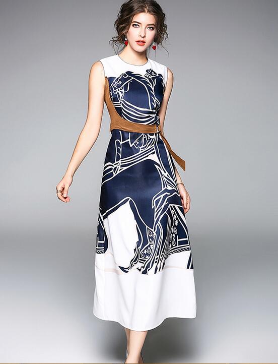 

Catwalk dress European 2019 sleeveless embroidery contrast color lace print dress spring summer strees style dresses Printed skirt, As the picture