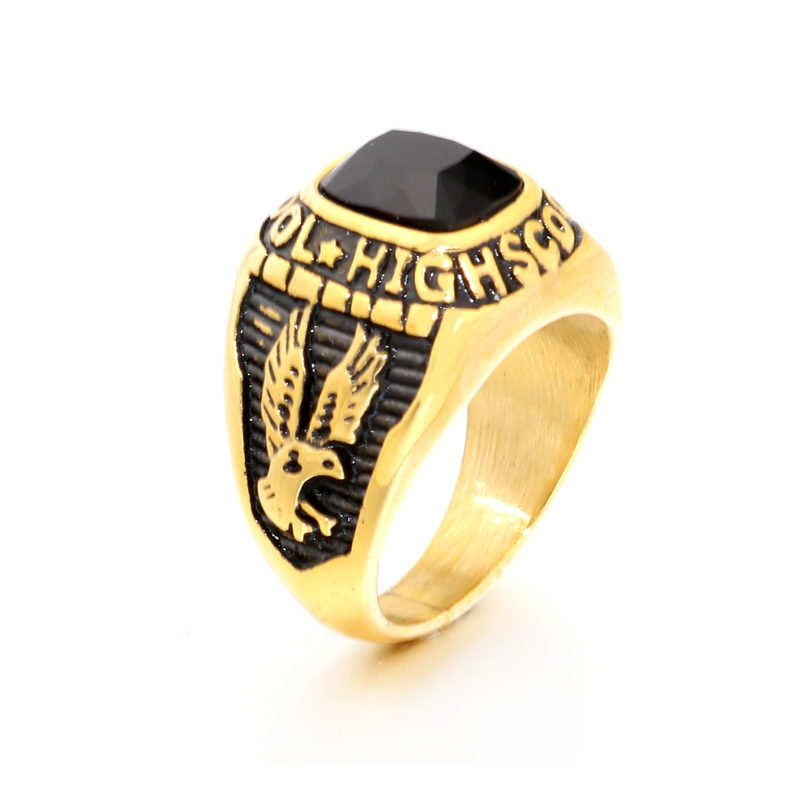 

New Fashion Brand United States Navy Military Veteran Gold Colour Black Stone Rings Eagle Carved Stainless Steel USN Finger Ring for Men