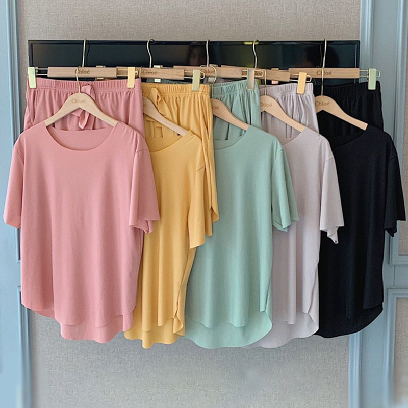 

Women Home Service 2 Piece Suit O Neck Short Sleeve Loose T-shirt Lace-up Straight Shorts Casual Comfortable Sports Female Set, Green