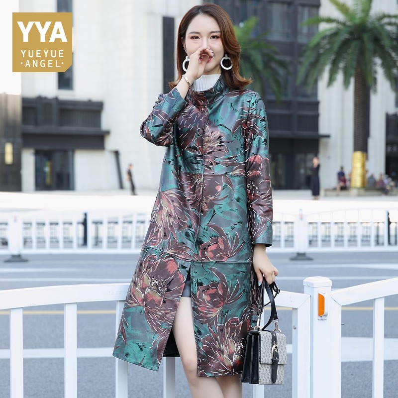 

Fashion Printing Loose Fit Genuine Leather Coats Women Plus Size 5XL Stand Collar Sheepskin Real Leather Long Jackets Female New