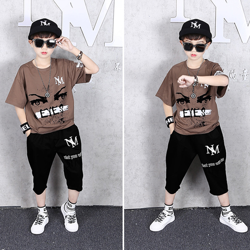 

Boys Casual Suits Two Pieces Clothing Set Coffee Printed 2020 Handsome Boy Short-sleeved Tshirt Summer Sportswear Black Pants