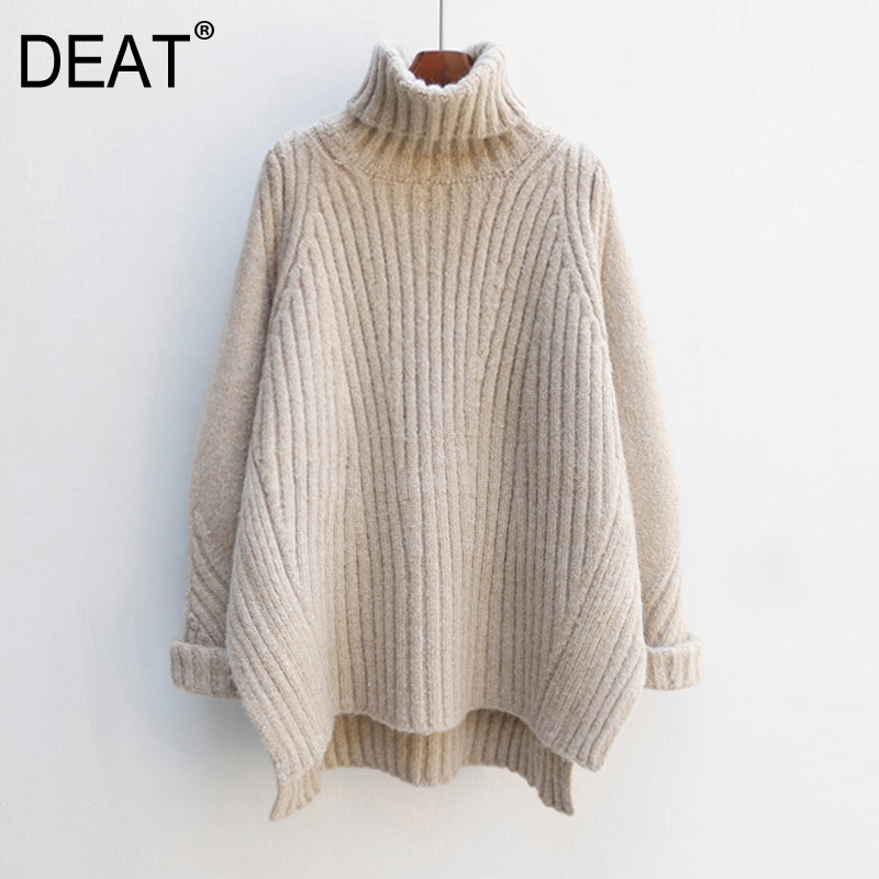 

DEAT] 2019 New Spring Turtleneck Long Sleeve Brief Split Joint Irregular Temperament Knitting Sweater Women Fashion Tide JZ604, Beige