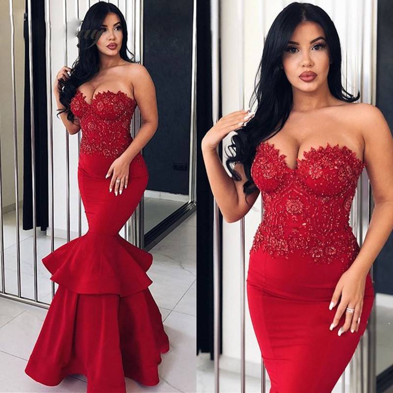 

Sexy Sweetheart Off the Shoulder Red Beading Arab Evening Dresses Mermaid Long Abaya Kaftan Dubai Prom Dresses 2019 Elegant Long Party Gown, Fuchsia