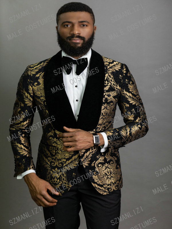 

2020 Elegant Fashion Black Gold Floral Men Suits 2 Piece Groom Suit Smoking Tuxedo Jacket Wedding Suits For Men Best Man Blazer, Same as image