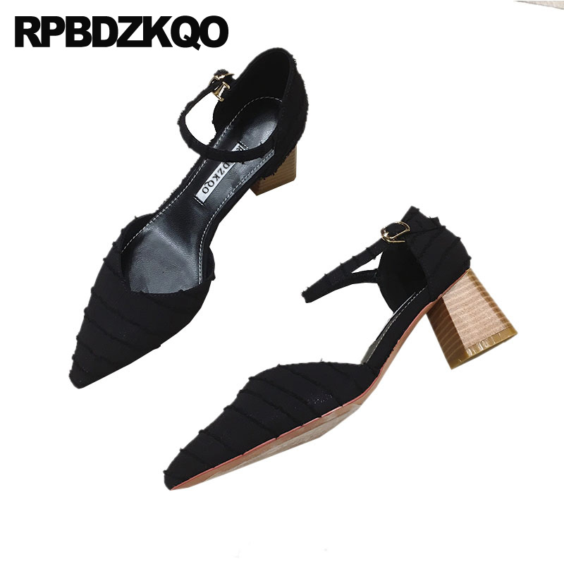 

korean medium heels pointed toe chunky fashion ankle strap women 2019 shoes block thick size 4 34 black pumps