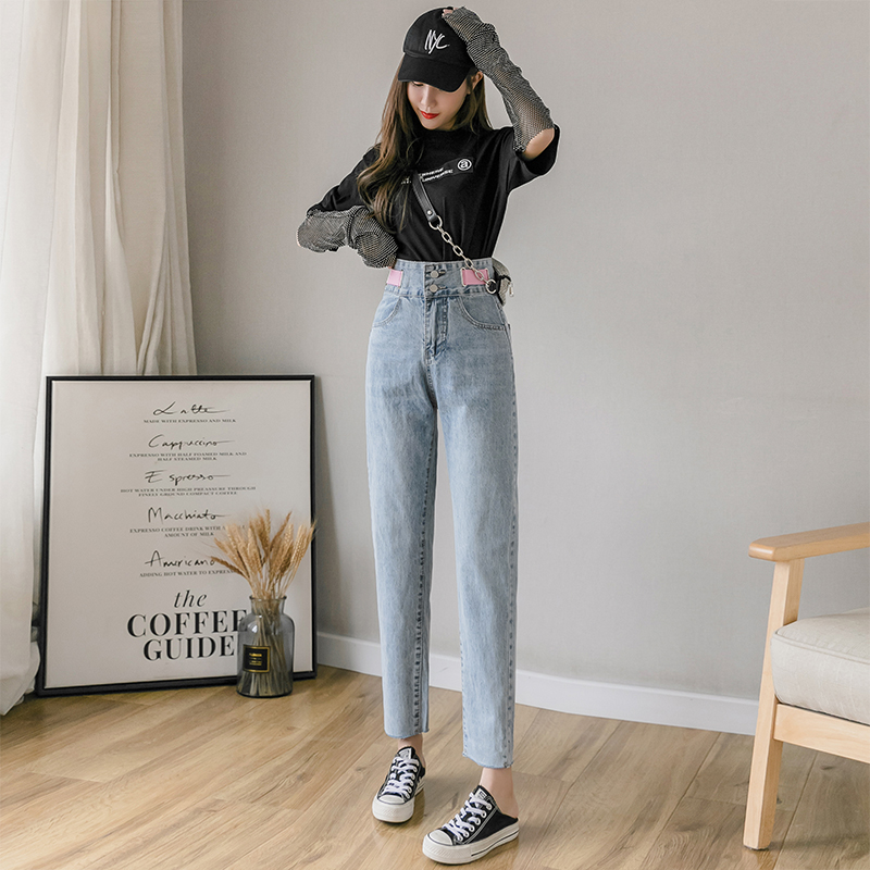 

High waist women jeans vintage wash cropped deisgn cotton denim pants for girls, Blue