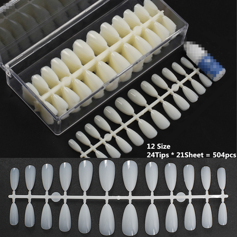 

504 pcs Nail False Tips Folded without any Trace Effect Almond shaped Fake artificial Nails Tips color Display nail arts tools, 504pcs clear