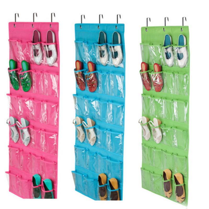 

24 Pockets Behind Door Shoe Rack Hanging Shoes Storage Rack Free Nail Shoe Holder Organizer Space Save With 3 Hooks