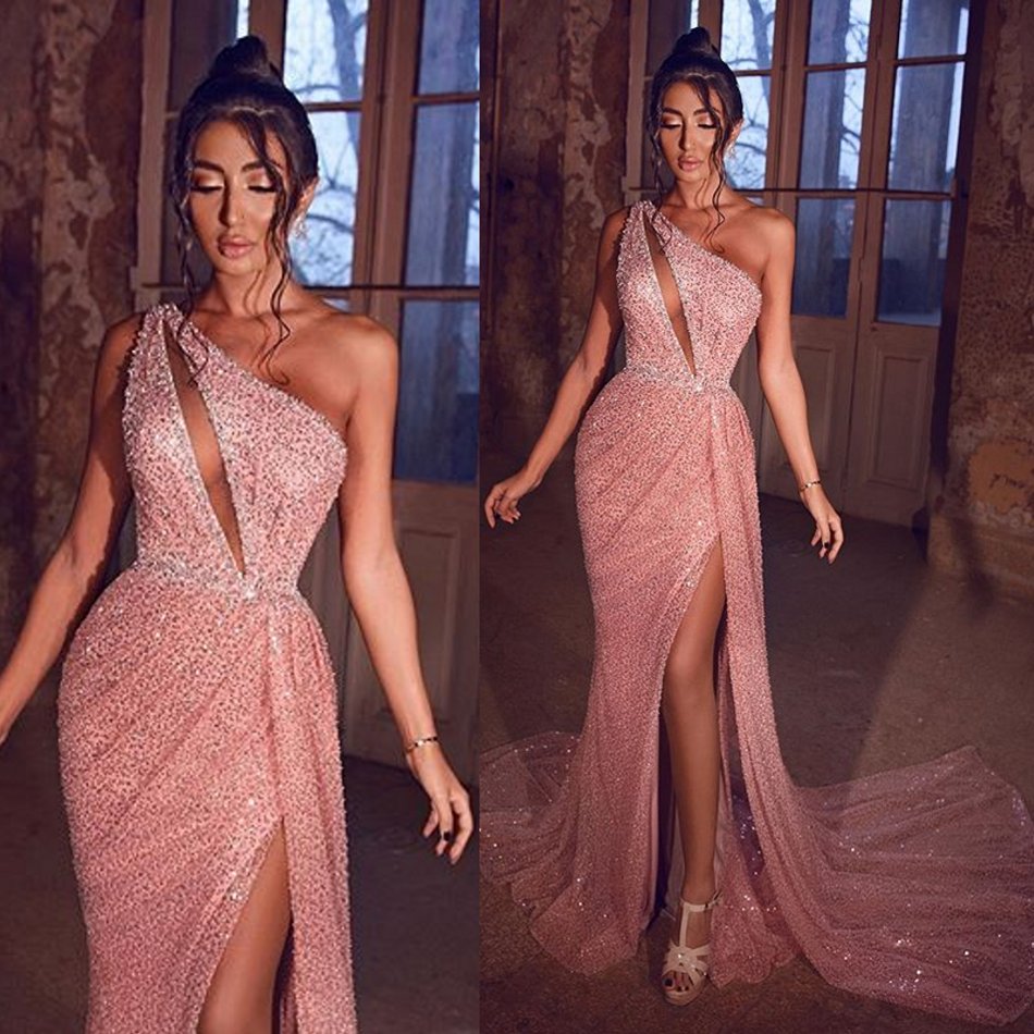 

Split Mermaid Evening Dresses One Shoulder Sleeveless Sequins Tulle Prom Dress Sweep Train Special Occasion Gowns, Ivory