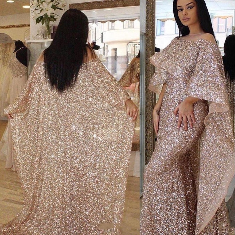 

Cheap Bling Rose Gold Sequined Mermaid Prom Dresses Illusion Neck Long Cape Ruffles Arabic Middle East Custom Plus Size Evening Gowns Wear, Black