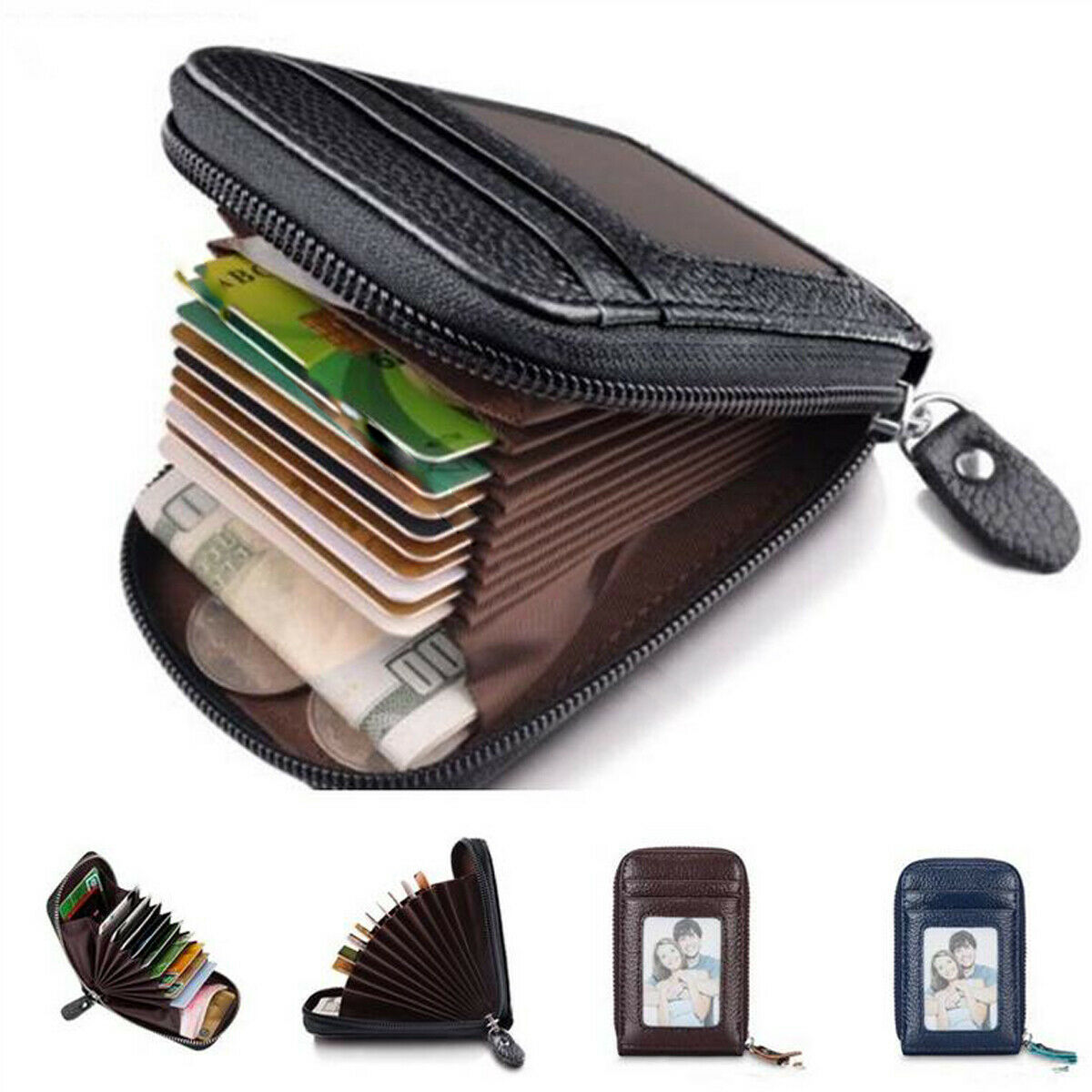 

1Pcs Mini Men's Fashion Wallet Purse Pouch Case Genuine Leather Credit Card Holder RFID Blocking Zipper Thin Clutch Holder Bags, Blue