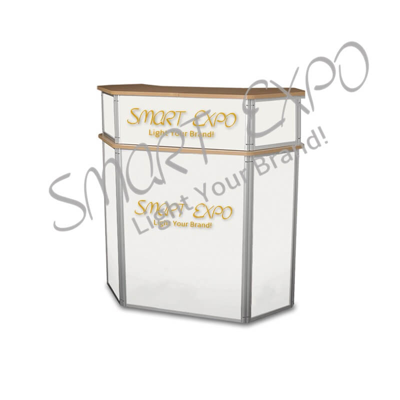 

Prismatic Style Portable Reception Counter for Trade Show with Folding Gear Structure HDF Table Top And Shelves PVC Printed Graphics