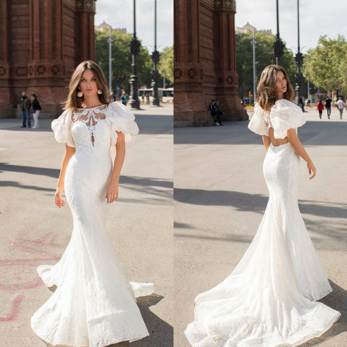 

2020 Bohemian Mermaid Wedding Dresses Boat Neck Appliqued Ruffled And Puff Sleeves Beach Bridal Gown Open Back Sweep Train Vestidos De Novia, Khaki