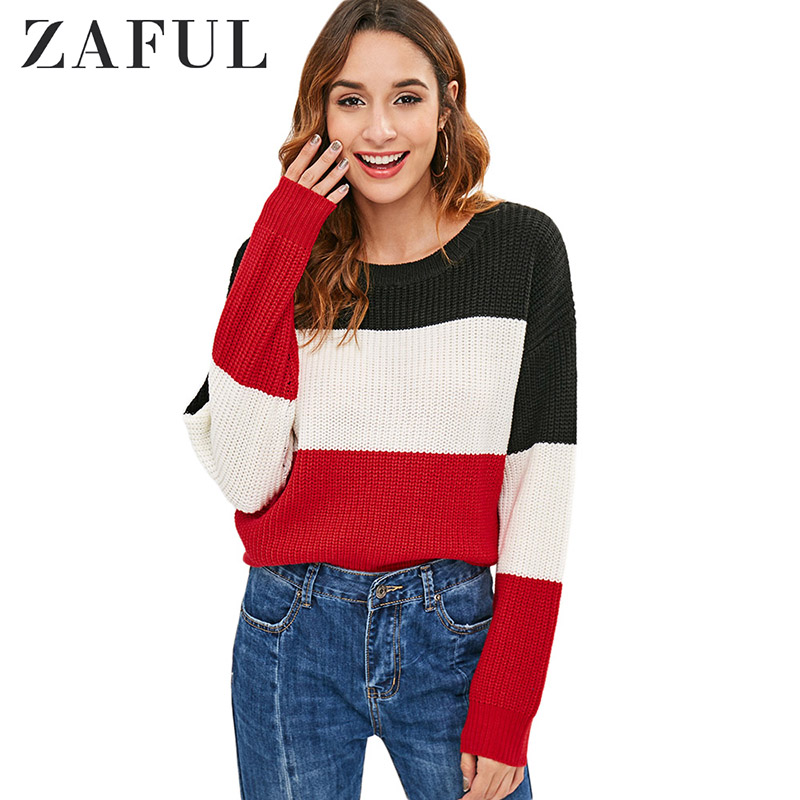 

ZAFUL Winter Oversized Knitted Sweater Boho Striped O-Neck Drop Shoulder Long Bell Sleeves Loose Pullover Casual Jumper Tops, Multi