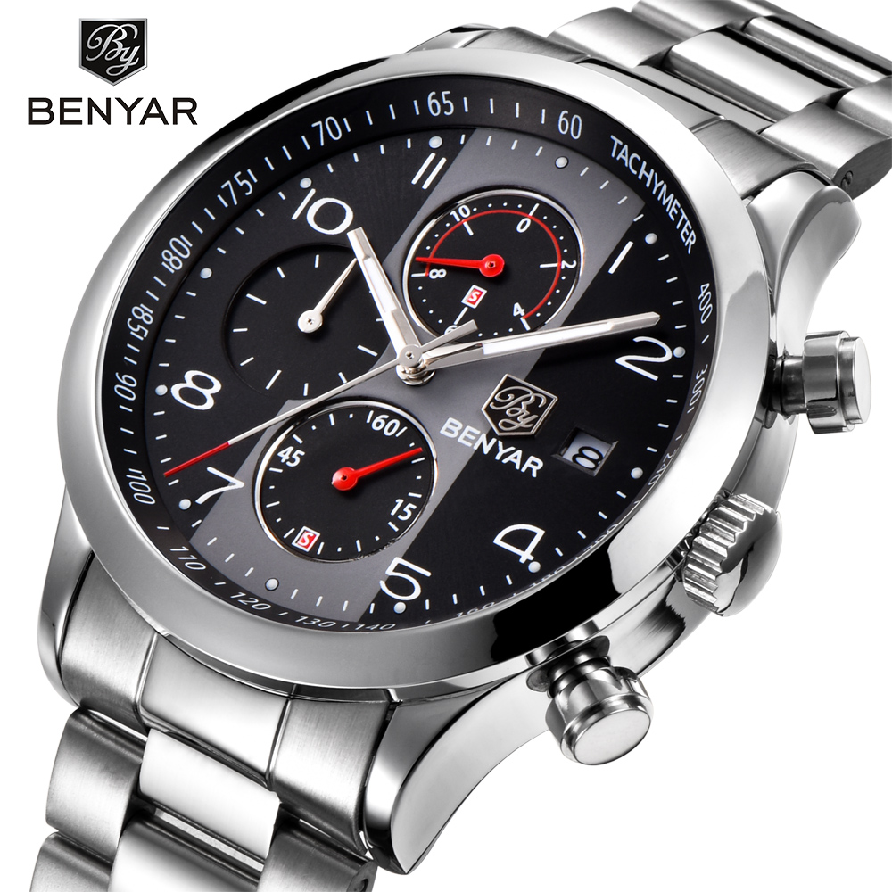 

BENYAR Fashion Chronograph Sport Watches Men Stainless Steel Strap Brand Quartz Watch Clock Relogio Masculino Reloj Hombre black, No send watch for shipping