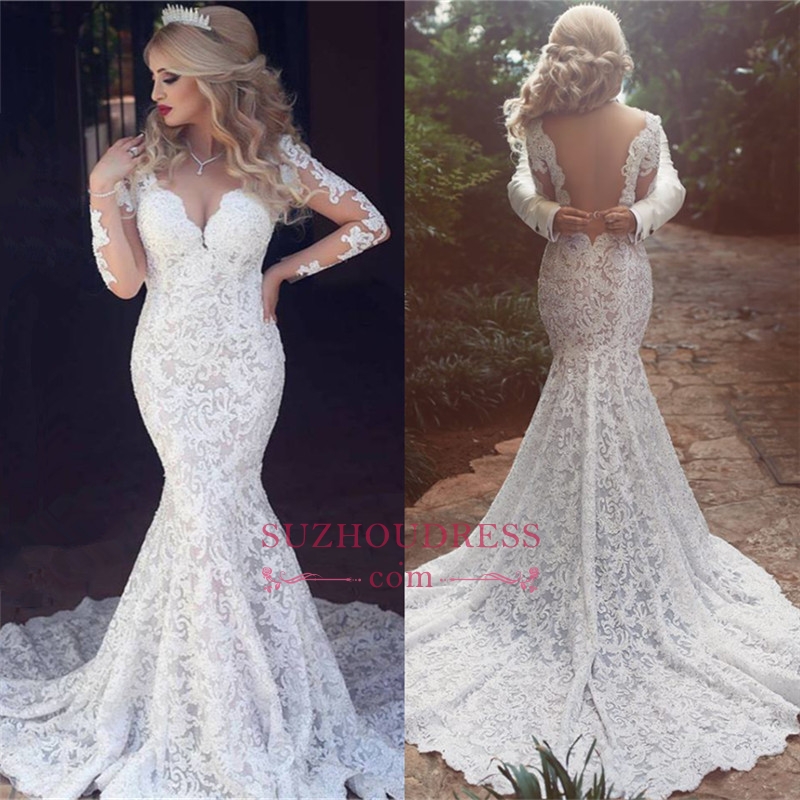 

2019 Vintage Arabic Dubai Styles Long Sleeves Mermaid Lace Wedding Dress Sexy Open Back V Neck Classic Bridal Gowns, White