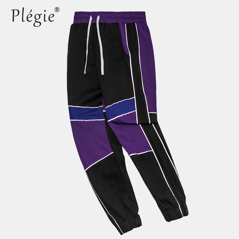 

Plegie Black Purple Patchwork reflective Jogger Sweatpants Men' Vintage Hip hop Swag 2018 Track Trousers Male Streetwear Pants, Black purple jogger