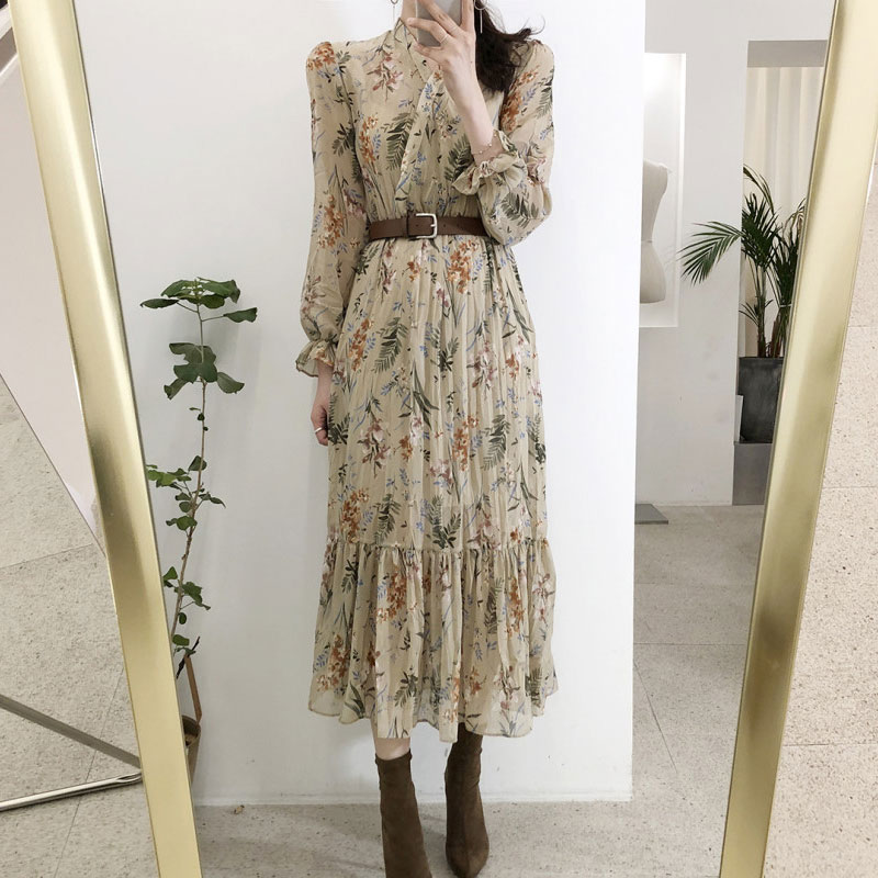 

Casual Dresses Women Dress Spring Summer 2021 Korean Fashion Vintage Floral Print Chiffon Midi Ladies Elegant With Belt Vestidos, Beige