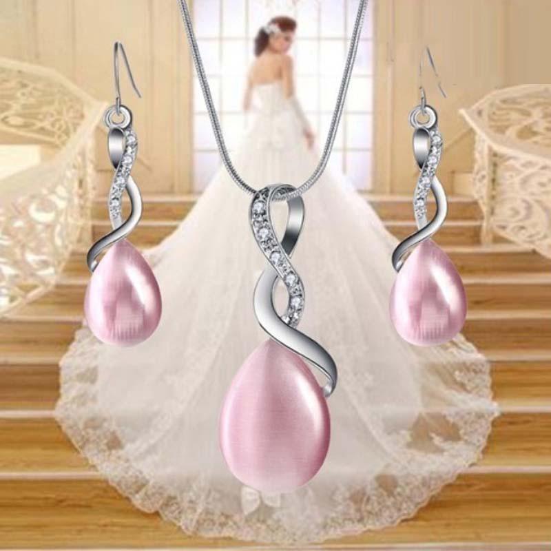 Trendy Spiral Water Drop Jewelry Sets for Women Silver Color Opal Crystal Pendant Necklaces Earrings Party Wedding Jewelry-image-437864261