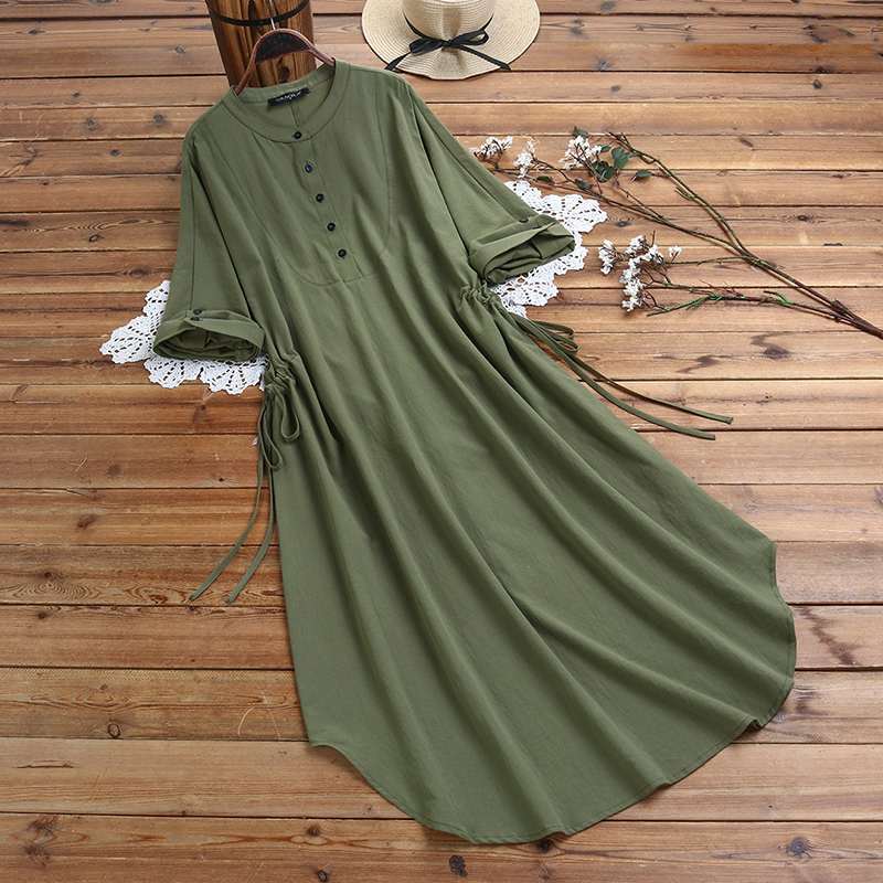 

Women's Drawstring Sundress 2020 ZANZEA Spring Stylish Shirt Dresss Casual Midi Vestidos Female Button Robe Femme Plus Size, Green