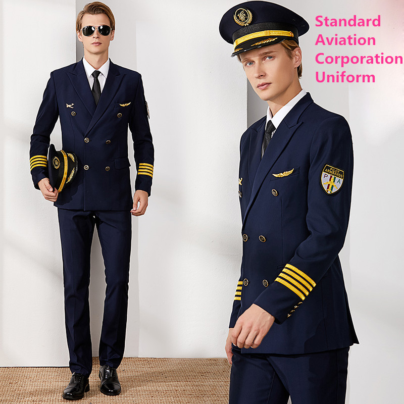 

Air Captain Uniform Male Pilot Airline Uniform Coat Professional Suits Hat + Jacket + Pants aviation Property Workwear Flight Clothing, Black