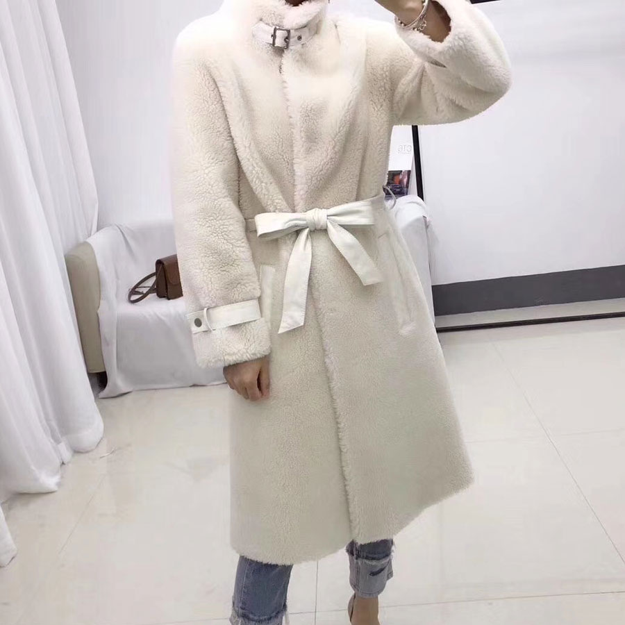 

2019 winter real fur coat sheep fur jacket women harajuku sheep shearing with belt stand collar parkas wool overcoat outwear, White
