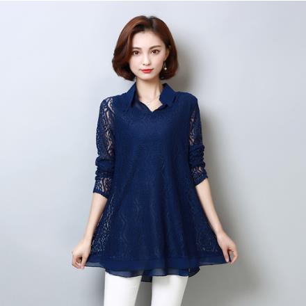 

Plus Size 5XL Lace Blouse Fashion Women's Blouses Shirt 2019 Spring New Chiffon Loose Long Sleeve Two Sets Shirts Ladies LJ593, Black