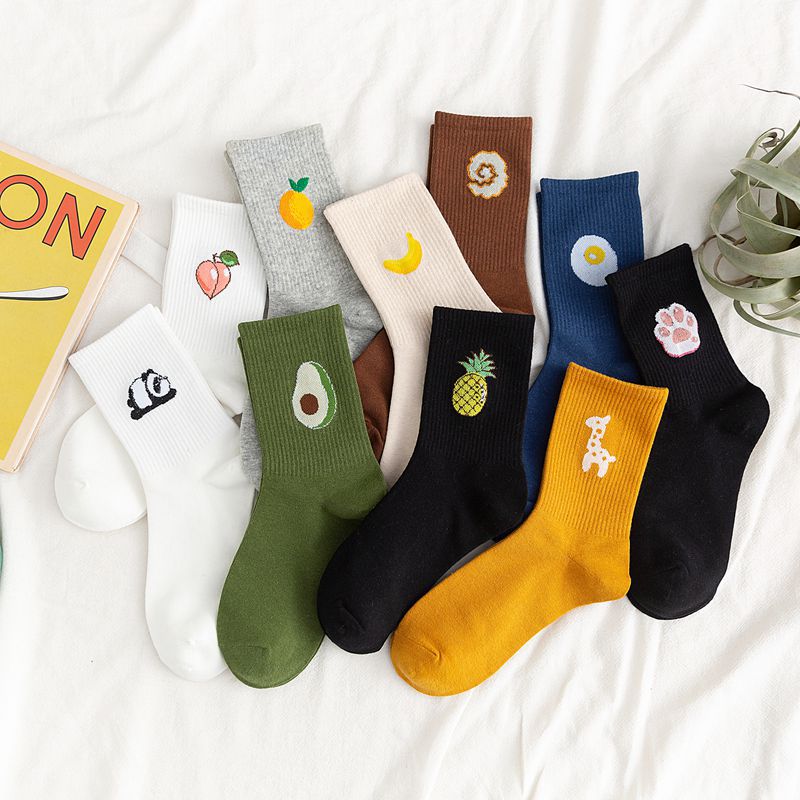 

1Pairs Long Crew Socks Elastic Multicolors Cotton College Style Cartoon Fruit Breathable Funny Pattern Women's Socks, Khaki moon