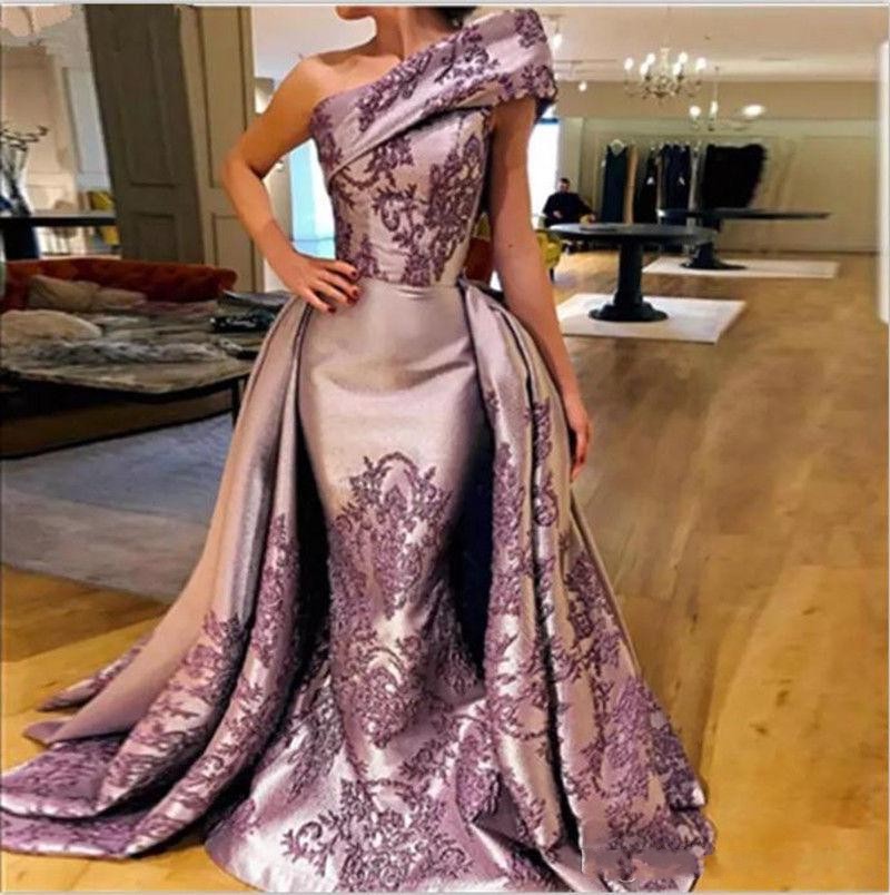 

2020 Vintage One Shoulder Evening Dresses Light Purple Satin Appliques Mermaid Prom Gowns Summer Formal Girls Pageant Dress, Yellow