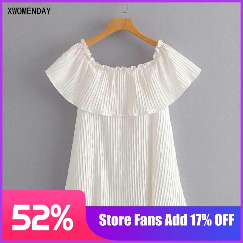 

Dress Women Off Shoulder Sexy Backless Casual Ruffle White Ruched Mini Short Sundresses Elegant Pleated Summer Clothes 2020 Cute