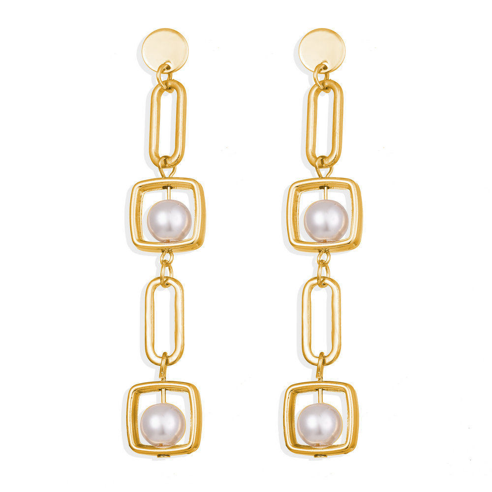 

Golden Set Pearl Long Fund Earrings Originality Concise Geometry Square Metal Ear Nail