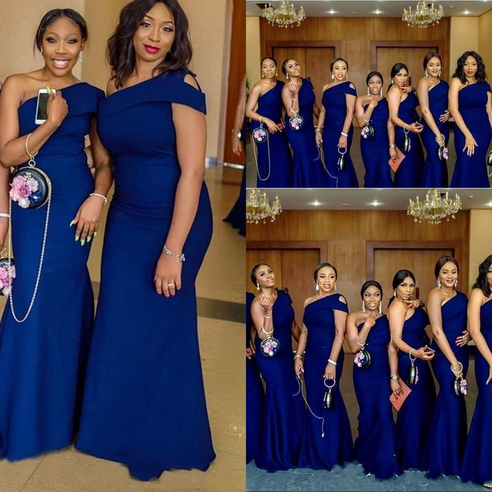 

2020 Royal Blue One Shoulder Mermaid Bridesmaid Dresses Sweep Train Simple African Country Wedding Guest Gowns Maid Of Honor Dress Plus Size