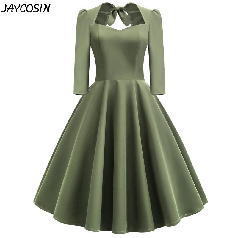 

JAYCOSIN Women Dress Solid Square Collar Draped Half Sleeve Elegant Vintage Dress Fashion Midi Evening Formal Dresses Vestidos, Green