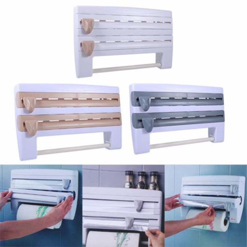 

4 in 1 Home Kitchen Tissue Roll Paper Towel Foil Film Wrap Wall Holder Dispenser
