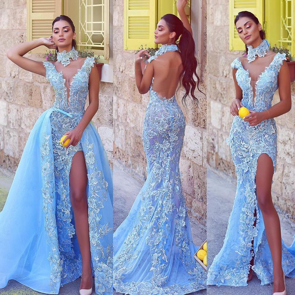 

Sky Blue Arabic Evening Dresses With Detachable Train Deep V Neck Lace Appliqued Mermaid Prom Dress Sweep Train Side Split Formal Party Gown, Nude