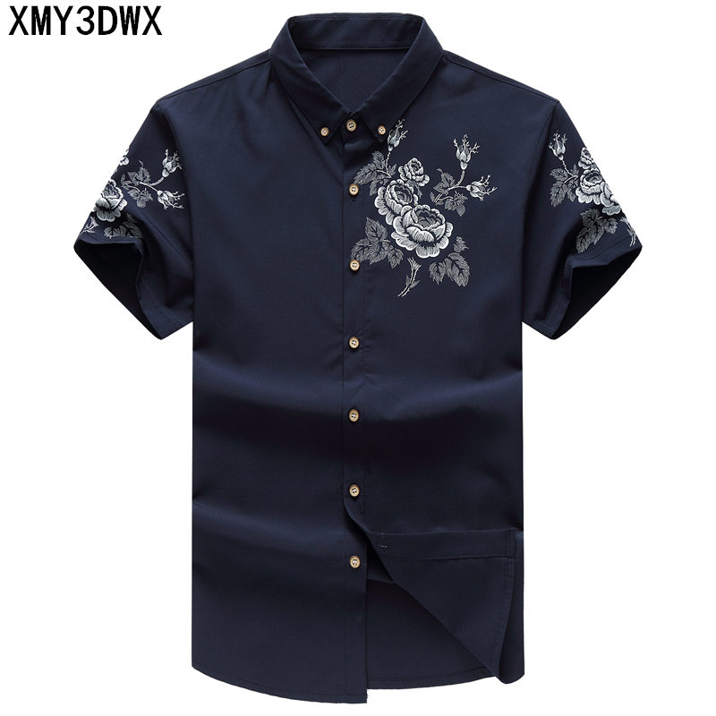 

Mens Flower Shirt 2018 Summer Male Short Sleeve Shirt Casual Mercerized Cotton Slim Fit Shirts Men Plus Size 5XL 6XL 7XL, Black