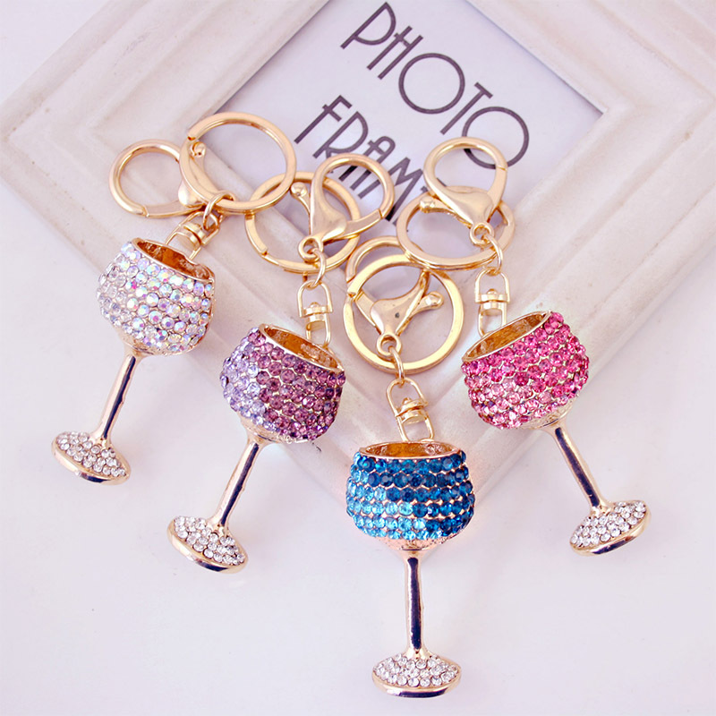 

Aiovlo Wholesale Crystal Rhinestone Keychain Red Wine Glass Key Chains Handbag Bucket Car Pendant Keyring Jewelry Gift