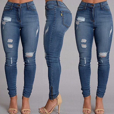 

Women Denim Skinny Ripped Pants High Waist Stretch Jeans Slim Pencil Trousers, Blue