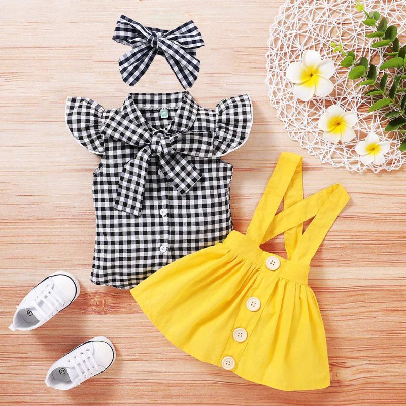 

Kids Baby Girls Clothes Sets Plaid T Shirt Suspender Skirt Headband Outfits Set 3 Piece Korean Bowknot Newborn Baby Girls Sets, Yellow