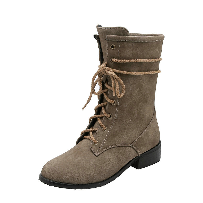 

2020 Lace Up Soft PU Leather Leisure Women Shoes Round Toe Low Heel Autumn Winter Retro Fashion Mid Calf Boots Size 34-43, Khaki