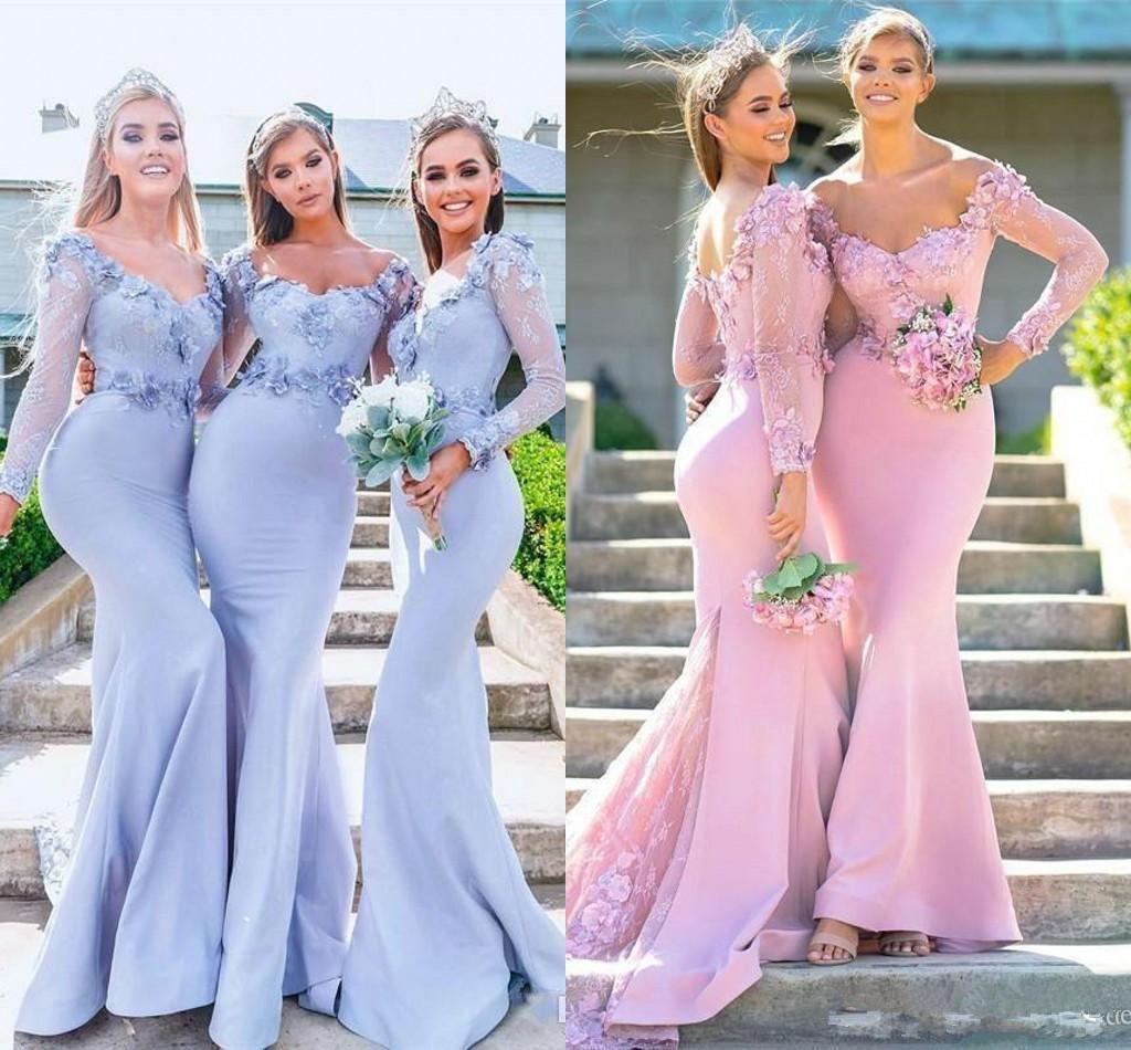 

Blush Pink Lace Mermaid Bridesmaid Dresses Long Sleeve 3D Floral Appliques Sweep Train Evening Dress Cocktail Party Prom Gowns Custom Made