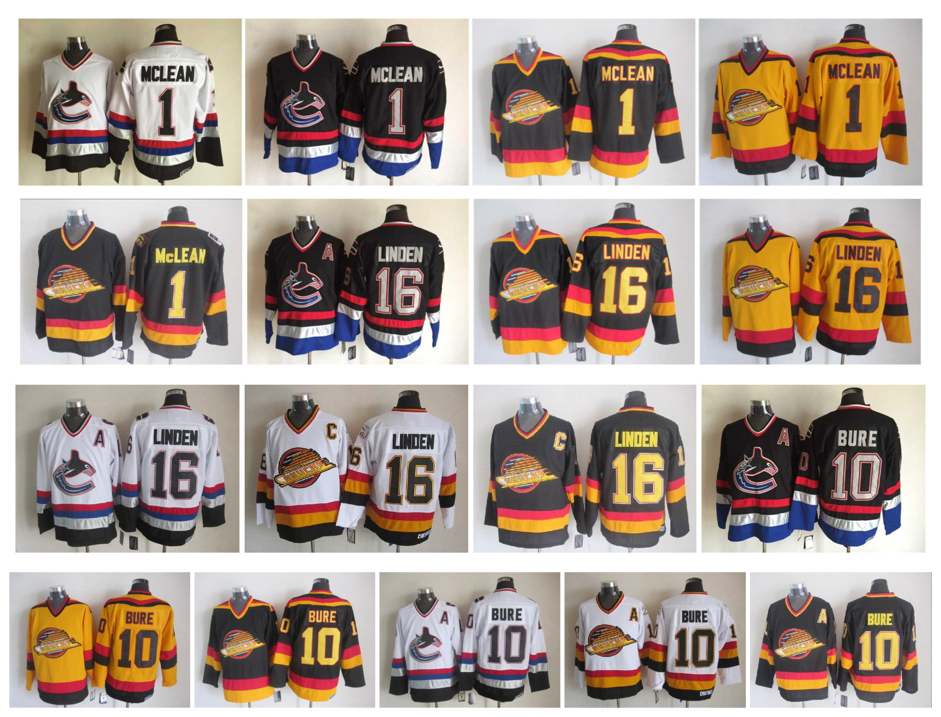 

Vintage Vancouver Canucks Jersey 1 Kirk Mclean 10 Pavel Bure 16 Trevor Linden Black White Yellow Retro CCM Hockey Jerseys, As pic