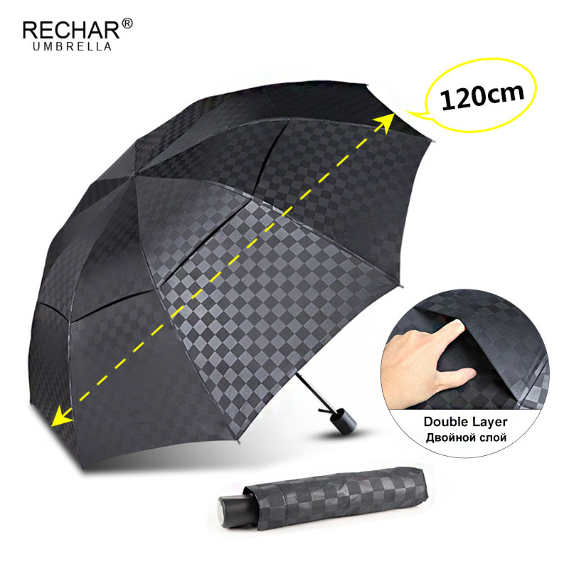 

Double Layer Dark Grid Big Umbrella Rain Women 3Folding 10Rib Windproof Business Men Umbrella Travel For Family Paraguas Parasol T200117, Black
