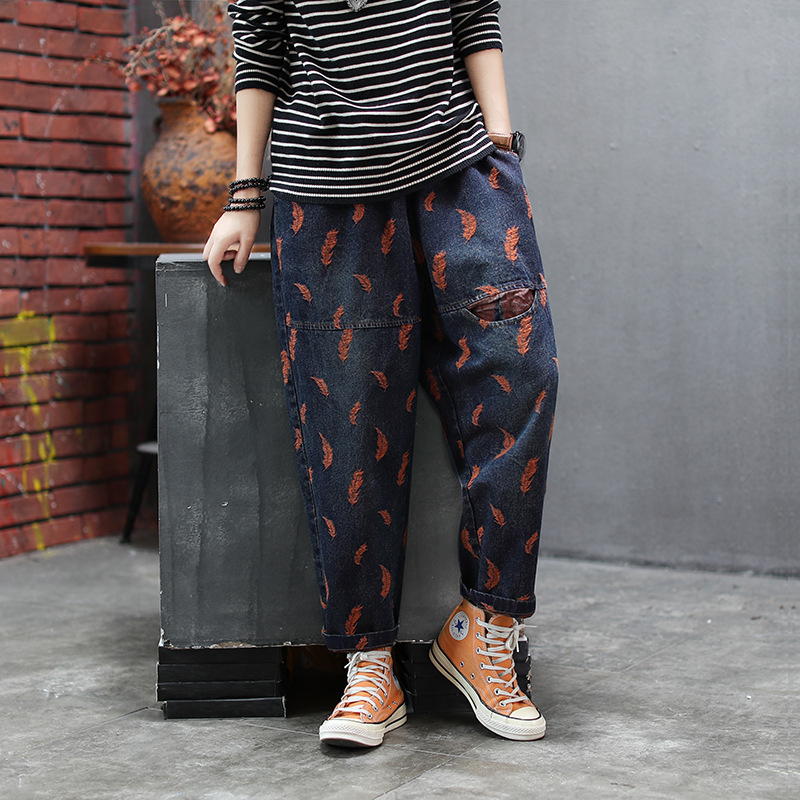 

Autumn Winter Jeans Women Retro Leaves Embroidery Vintage Elastic Waist Drawstring Female Loose Denim Straight Pants Printed, Gray