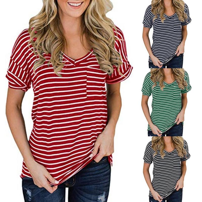 

Red Black and White Striped Shirt Women Summer Short Sleeve Tshirt V Neck Stripped Tops Lady 2020 Korean Fashion Tees Clothing, Green