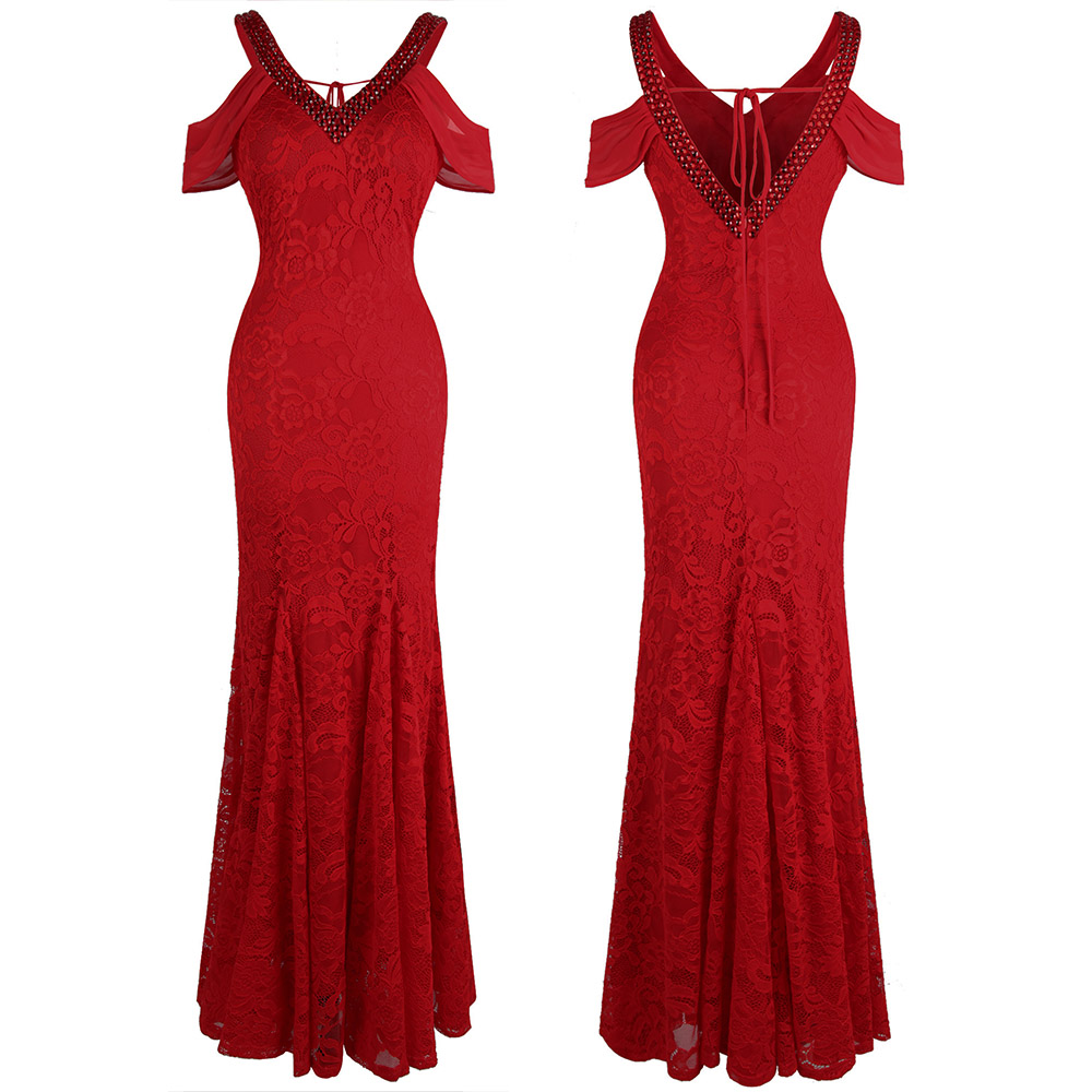 

Angel-fashions Women's Off Shoulder V Neck Lace Evening Dresses Long Party Gown Prom Dress Keyhole Red 477