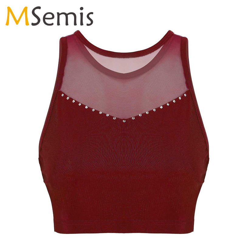 

Dance Clothes Women Round Neck Sleeveless Tank Tops Dancewear Mesh Spliced Dance Crop Tops Ballet Stage Performance Costume Top, Black