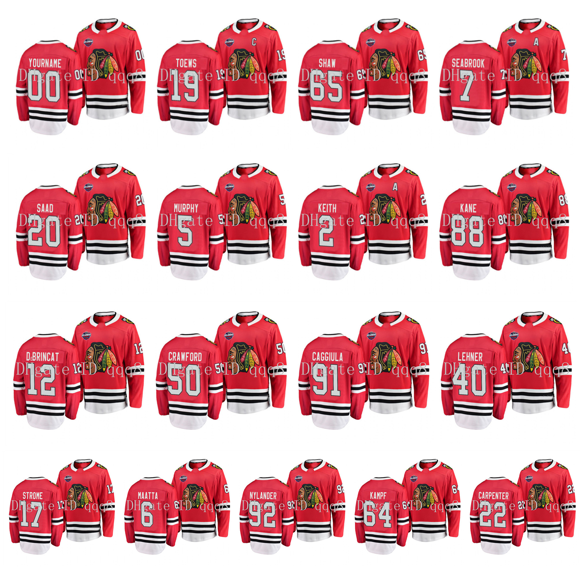

Chicago Blackhawks Jersey 2019 Global Series 19 Jonathan Toews 88 Patrick Kane 65 Andrew Shaw 7 Brent Seabrook 12 Alex DeBrincat Red Hockey, As pic