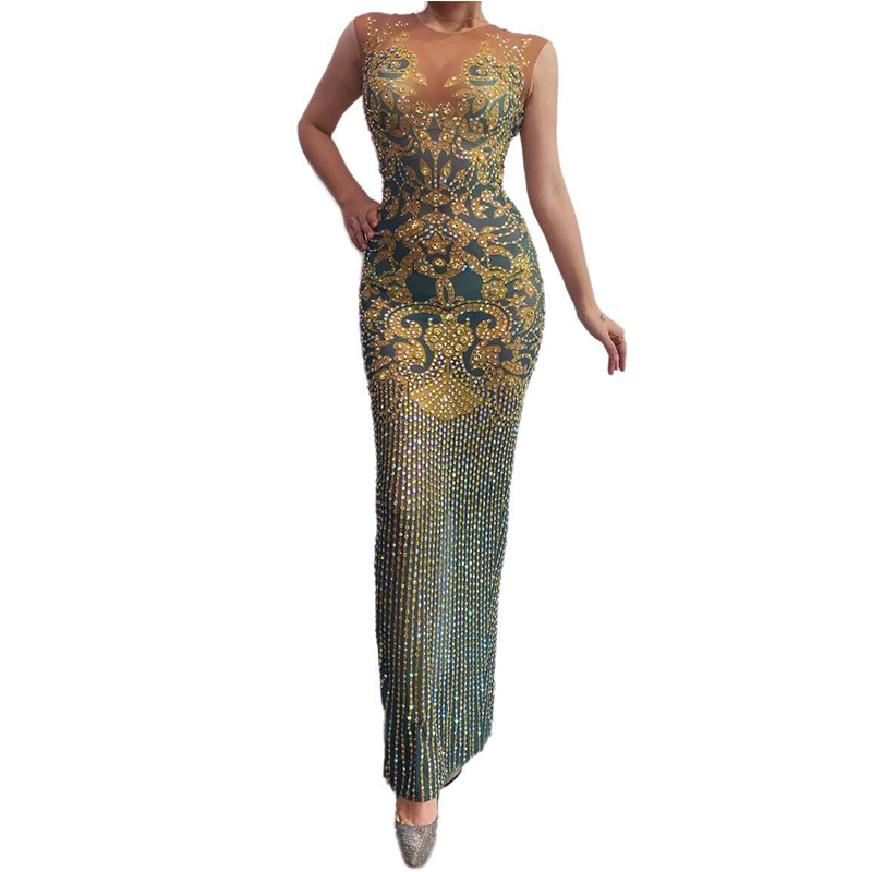 

Rhinestones Dress Women Prom Birthday Celebrate Dresses See Through Gold Long Dress Women Dance Costume Stage Outfits SL015, As picture